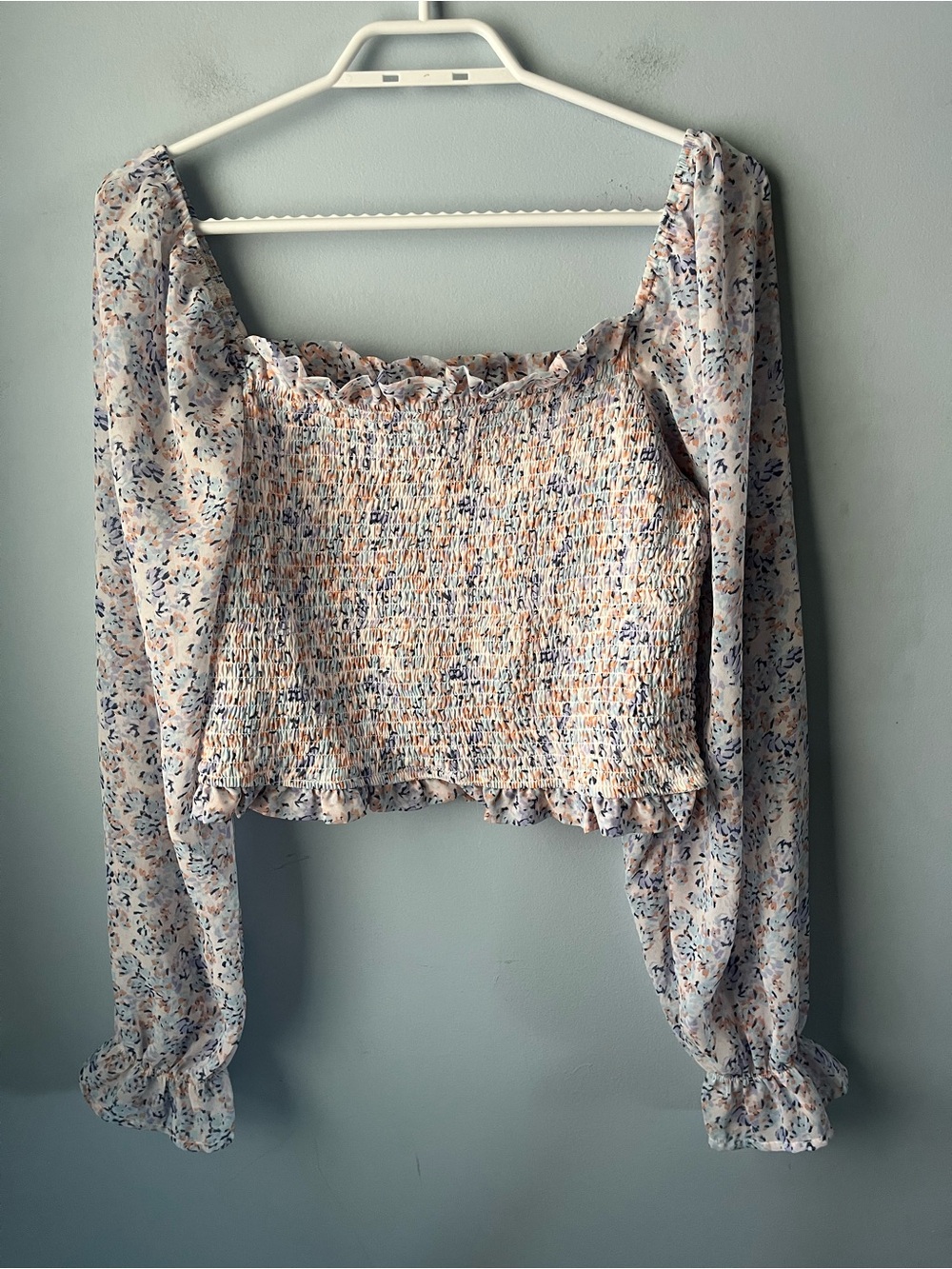 Japna Peach & Blue Smocked Floral Long Puff-Sleeve Ruffled Crop Top Size L